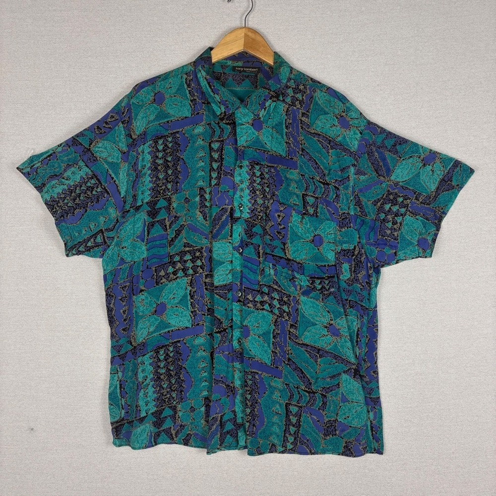 Vtg Tony Lambert Button Up Mens L Rayon Art Nuevo Modernist Hawaiian Made in USA